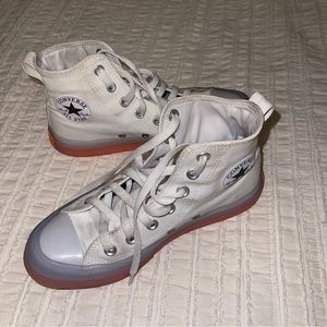 White and pink stretch converse